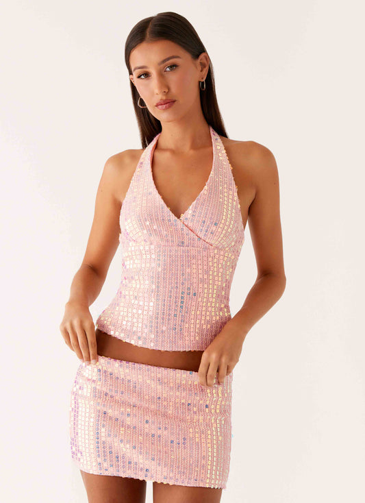 Been That Girl Knit Sequin Mini Skirt - Iridescent Pink