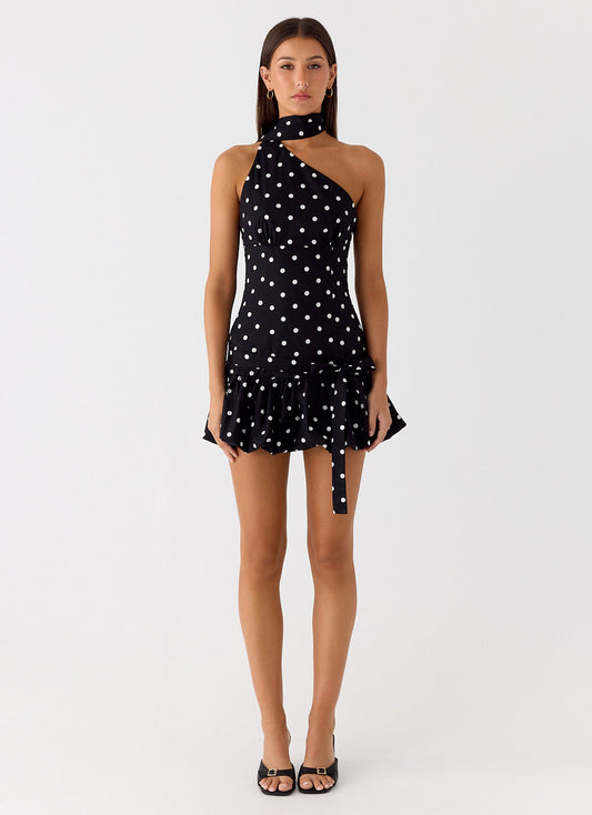 Belina Scarf Mini Dress - Black Polkadot