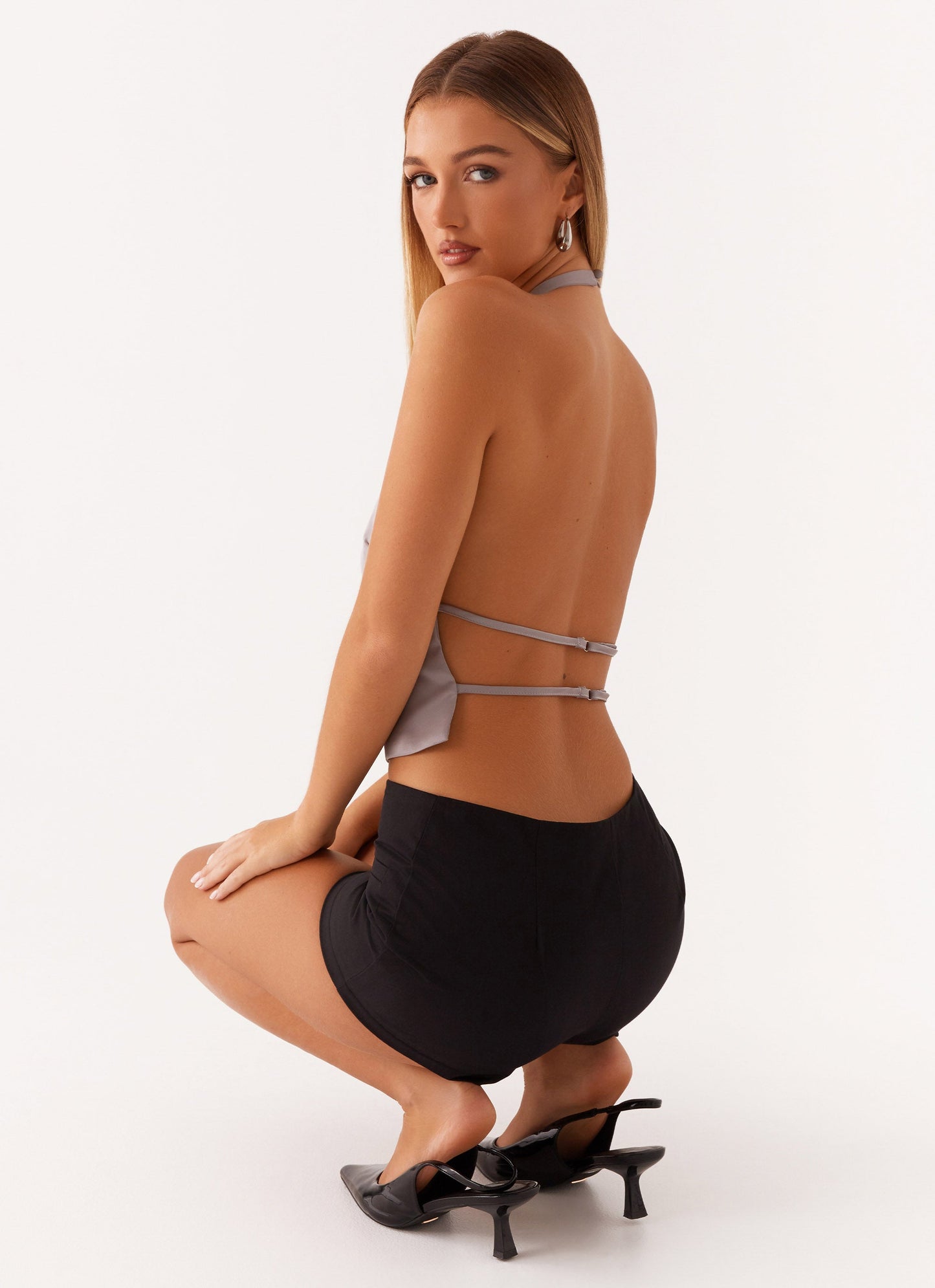 Bree Satin Halterneck Top - Grey