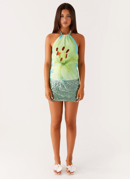 Dalila Beaded Tie Back Top - Turquoise Floral