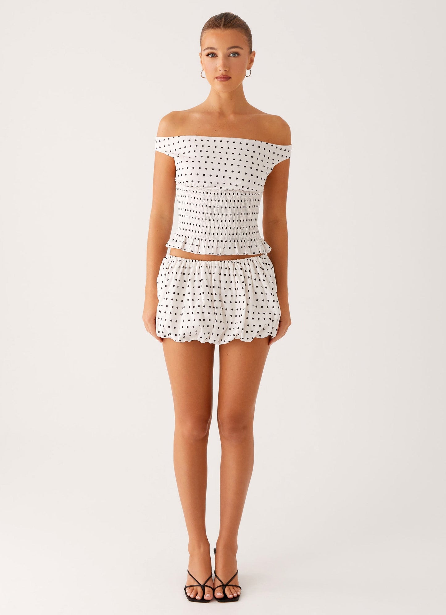 Heather Off Shoulder Top - White Black Polka Dot