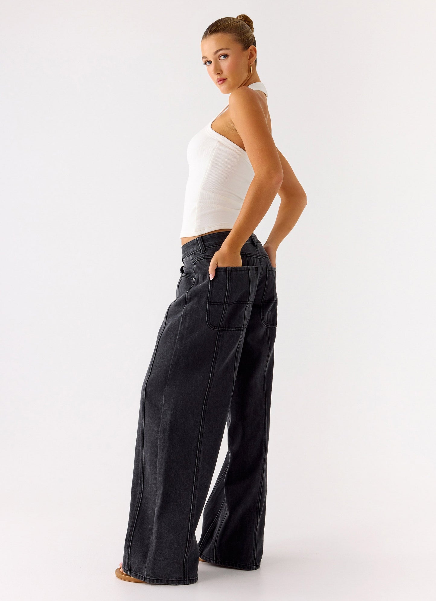 Johnny Low Rise Wide Leg Jeans - Grey Charcoal