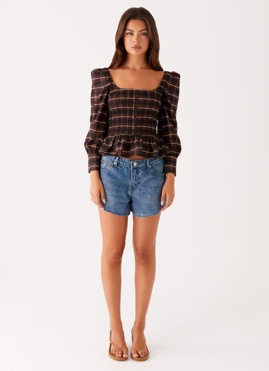 Joyce Long Sleeve Cotton Shirred Top - Chocolate Check