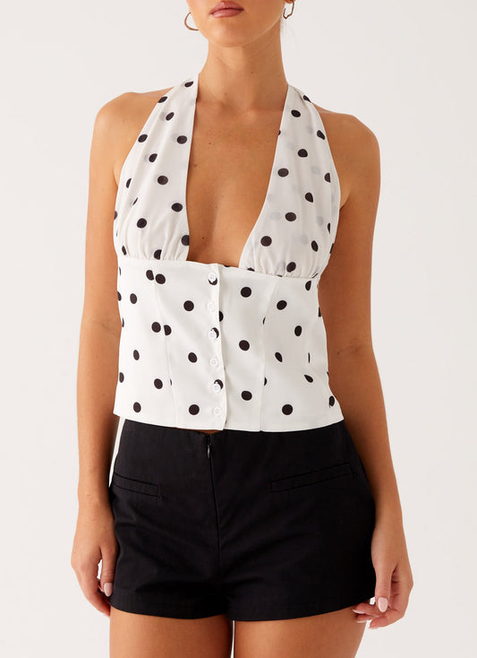 Lets Pretend Halterneck Top - White Polka Dot