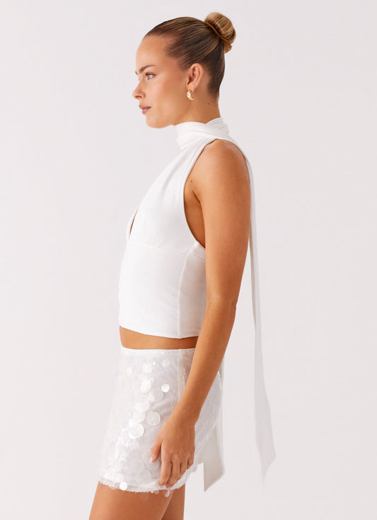 Milos Scarf Halter Neck Top - White