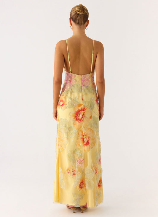 Morning Light Beaded Maxi Dress - Yellow Floral Beaded