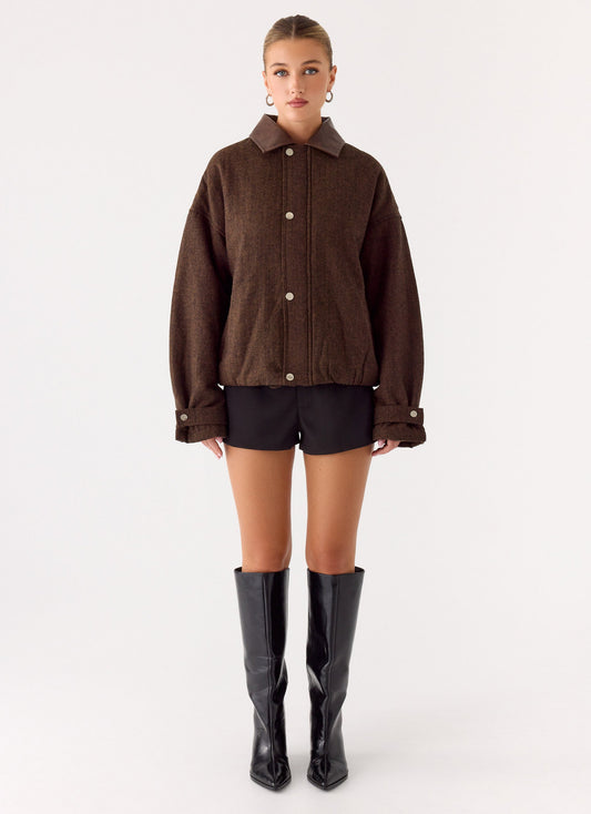 Myles Herringbone Bomber Jacket - Chocolate Herringbone