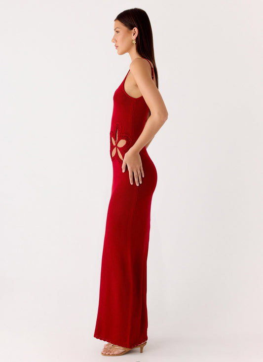 Palm Breeze Flower Crochet Maxi Dress - Burnt Red