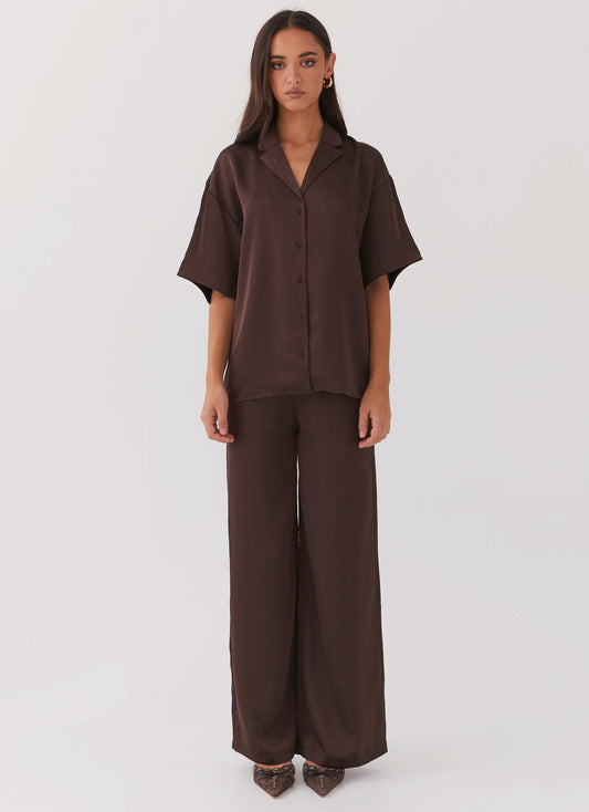 Palm Cove Satin Shirt - Chocolate