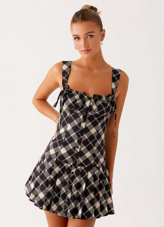 Tuni Cotton Mini Dress - Taupe Check
