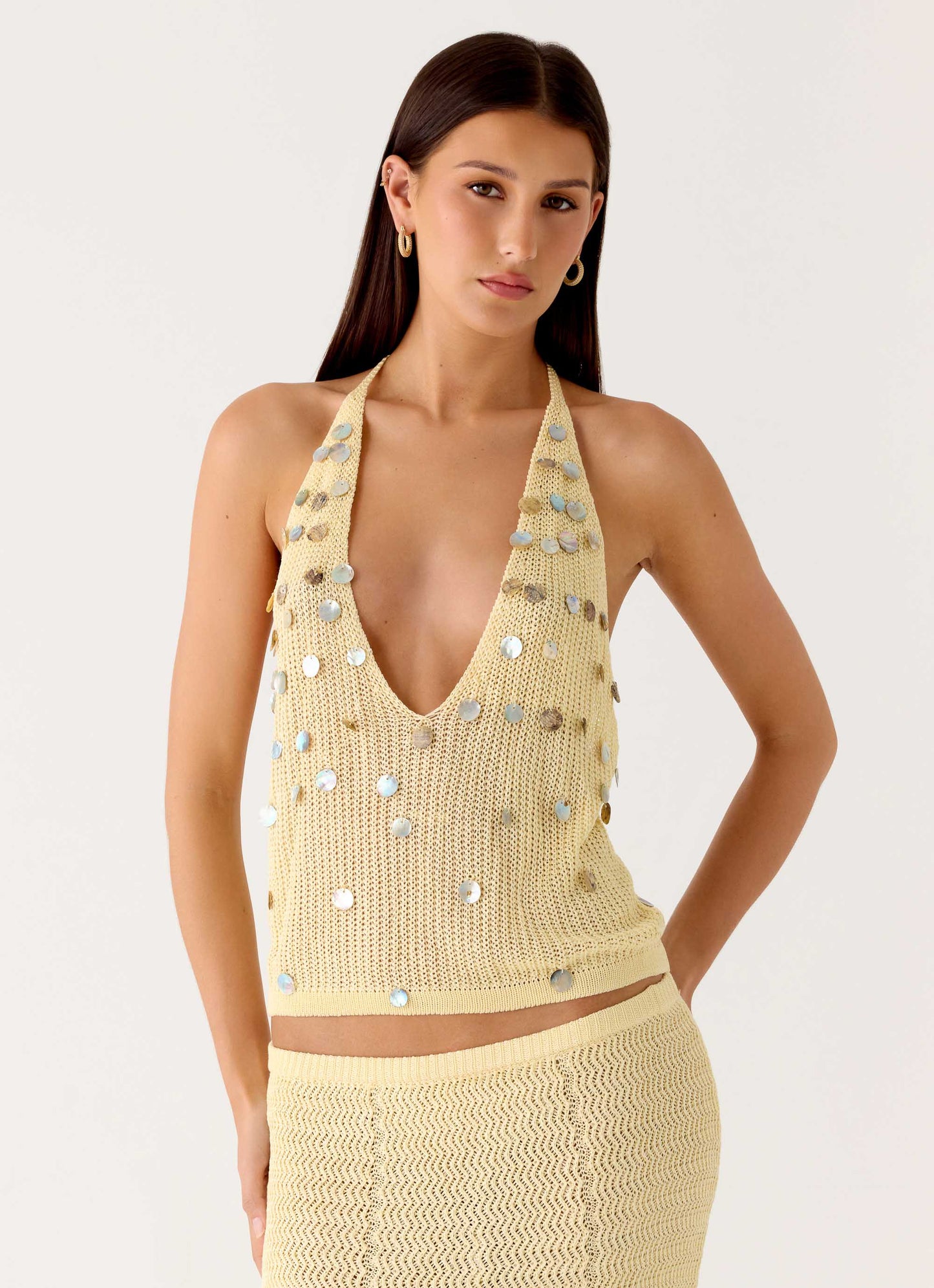 Adelaida Beaded Crochet Top - Yellow