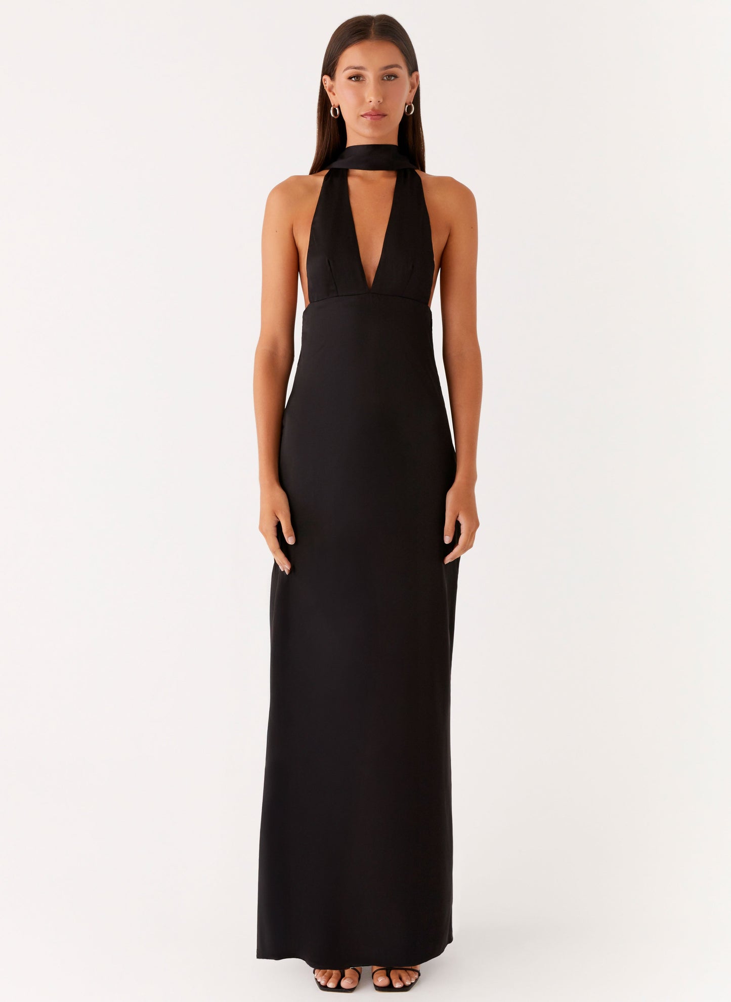 Alicia Satin Halter Maxi Dress - Black
