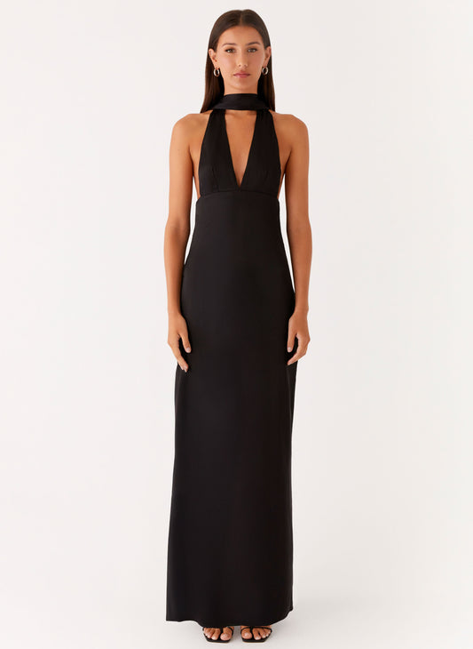 Alicia Satin Halter Maxi Dress - Black