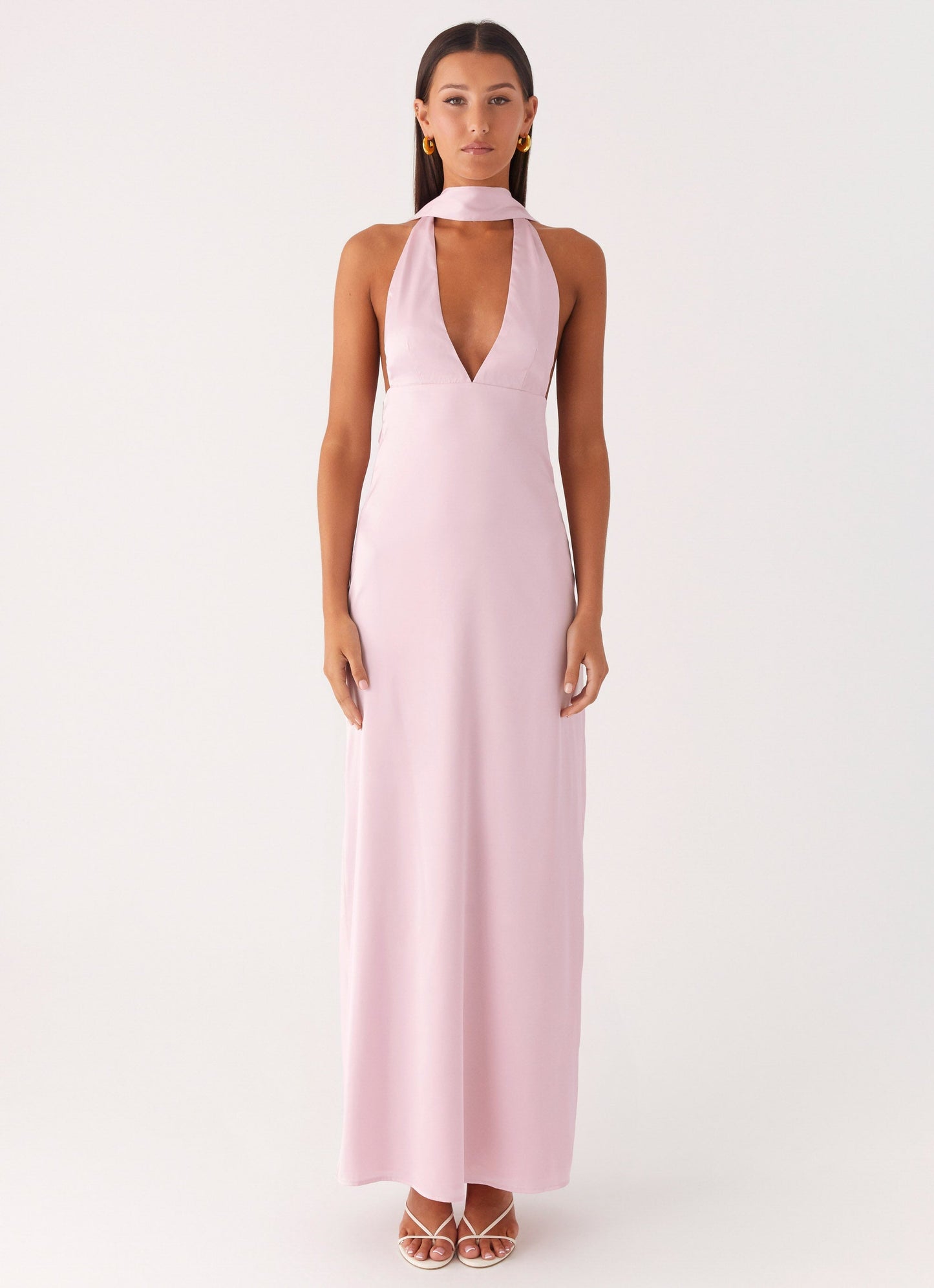 Alicia Satin Halter Maxi Dress - Baby Pink