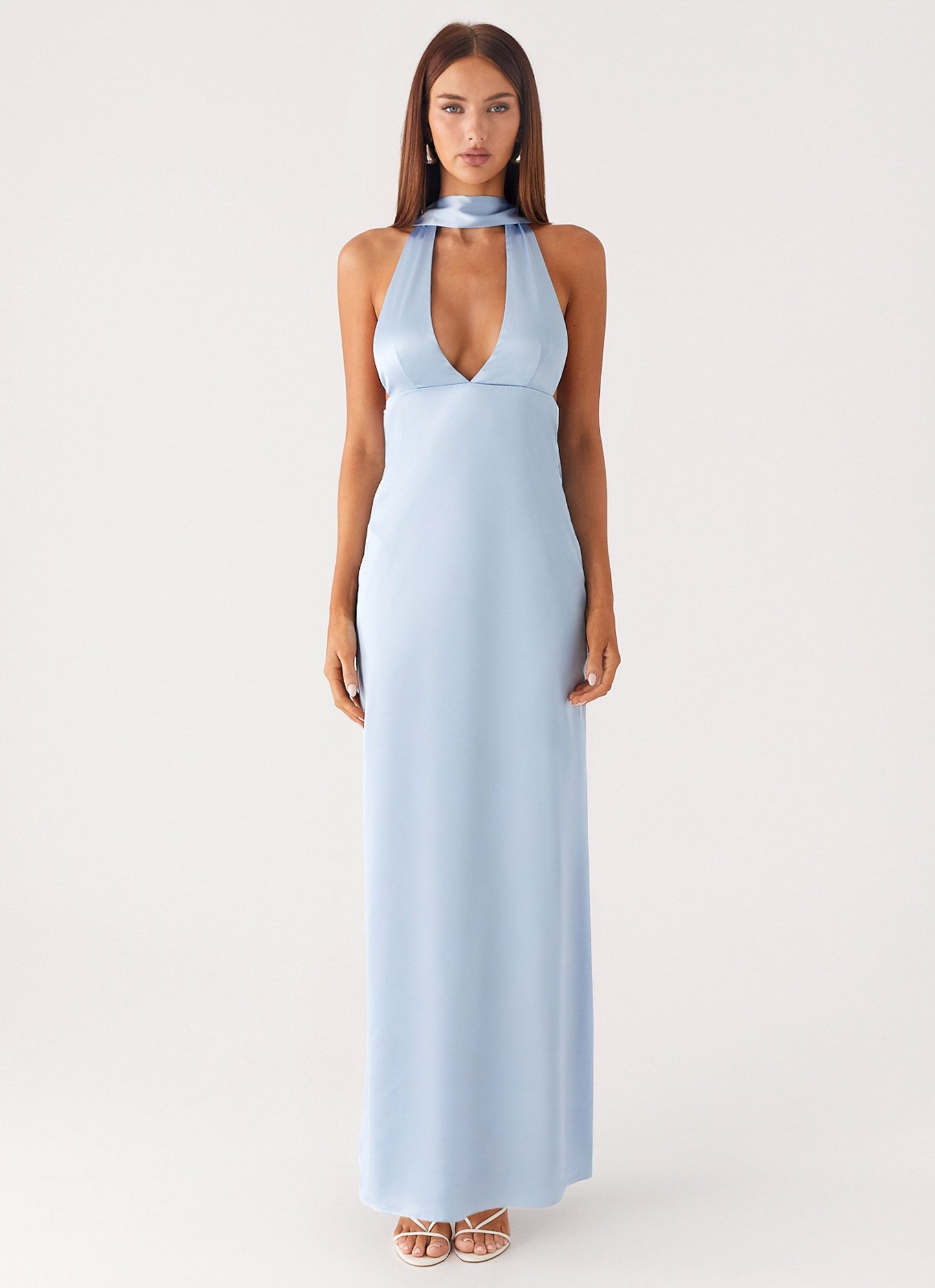 Alicia Satin Halter Maxi Dress - Baby Blue