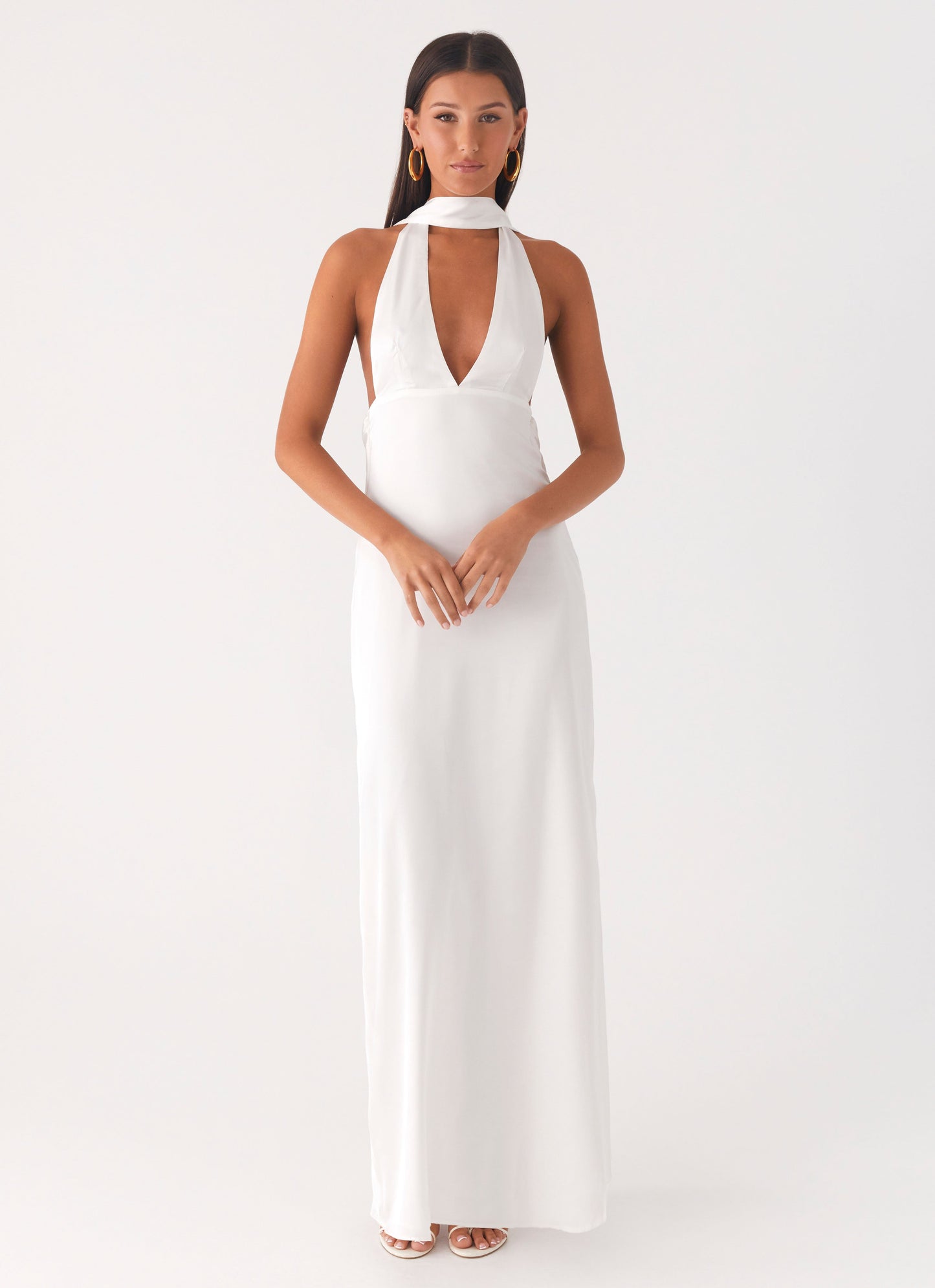 Alicia Satin Halter Maxi Dress - White