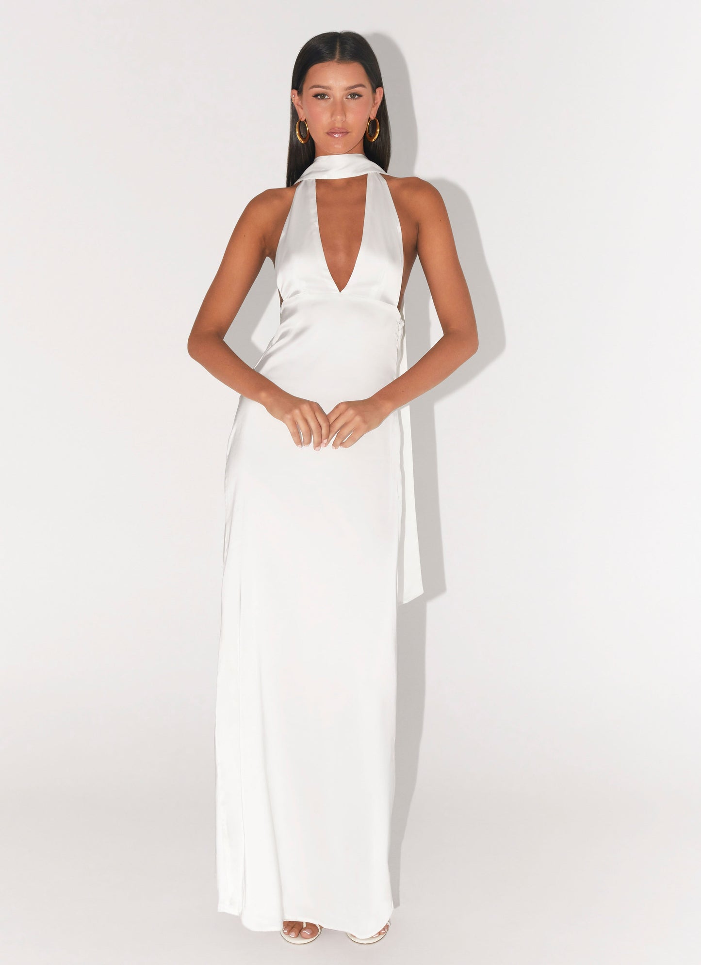 Alicia Satin Halter Maxi Dress - White