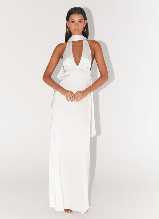 Alicia Satin Halter Maxi Dress - White