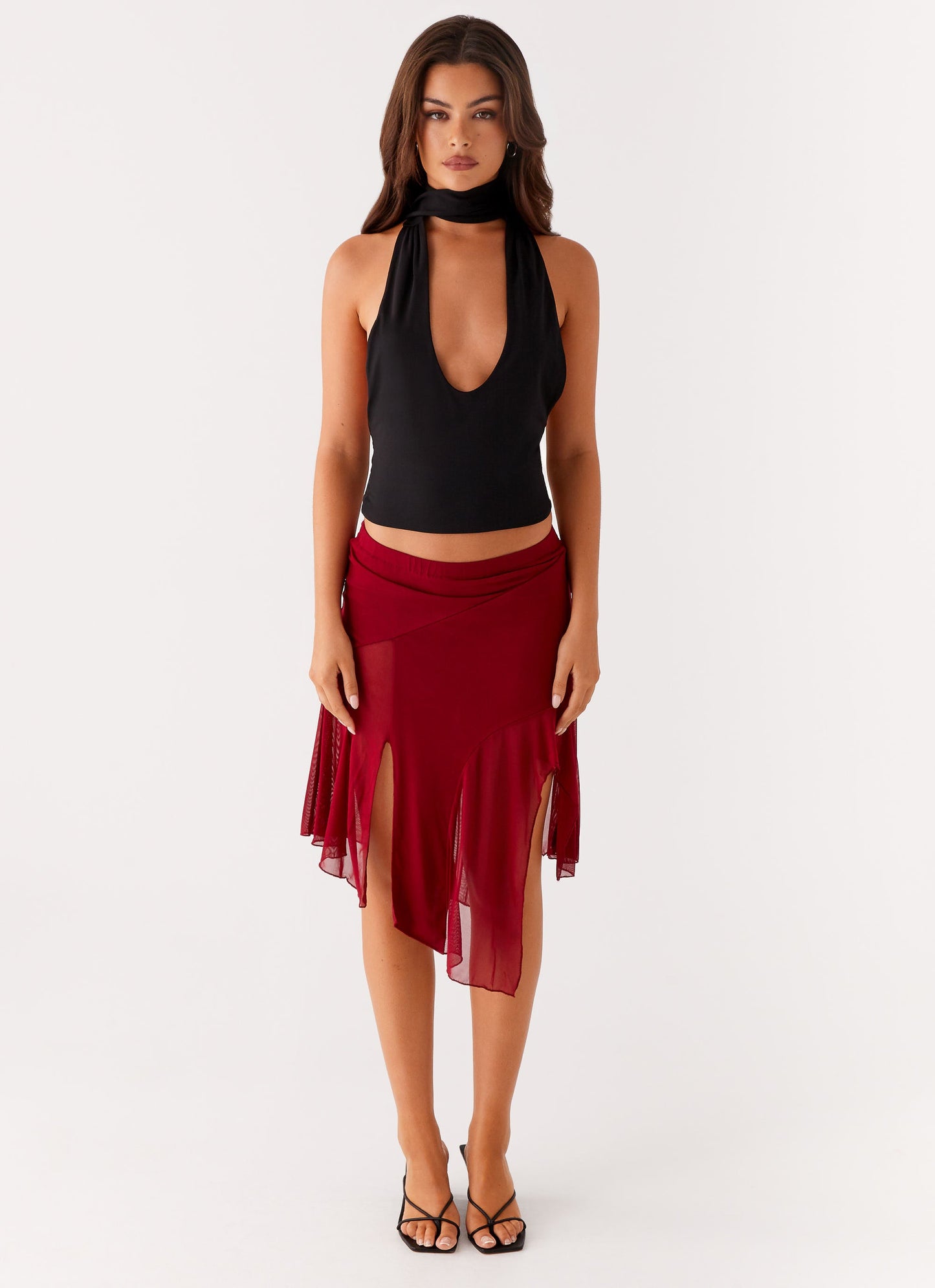 Anthea Mesh Midi Skirt - Red