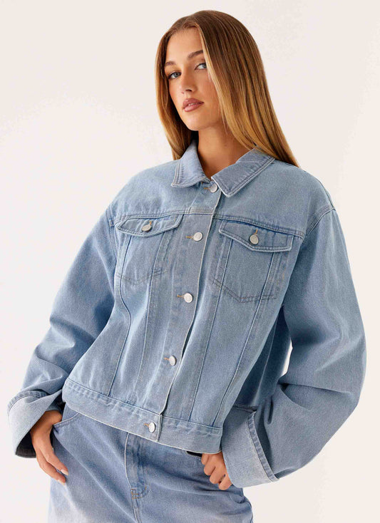 Back Again Oversized Denim Jacket - Light Wash Blue