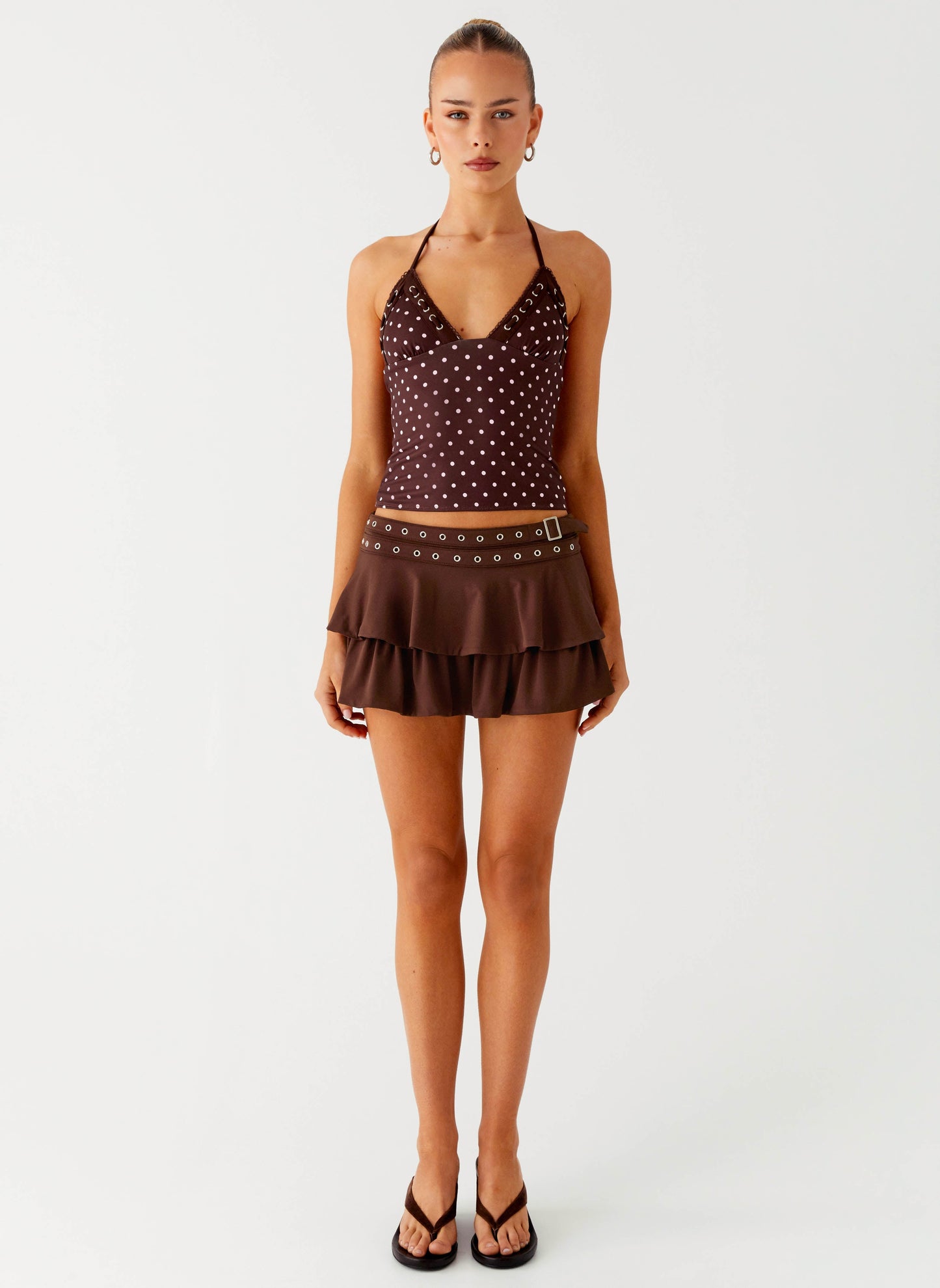 Bahama Eyelet Lace Up Top - Chocolate Strawberry Dot
