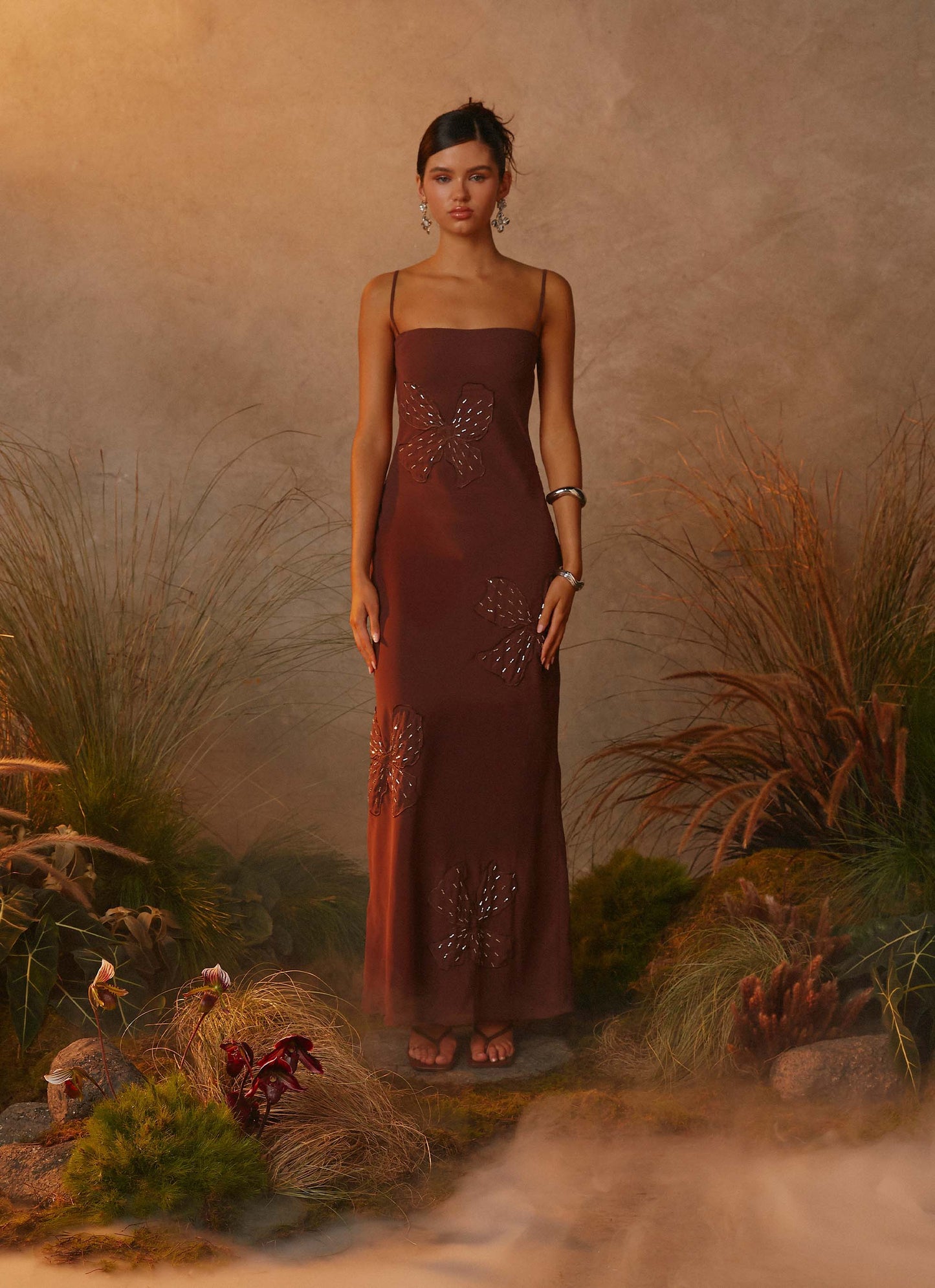 Bayla Beaded Flower Maxi Dress - Chocolate