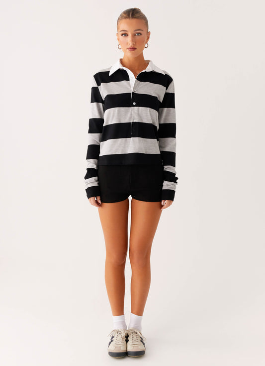 Beckett Polo Top - Grey Black Stripe