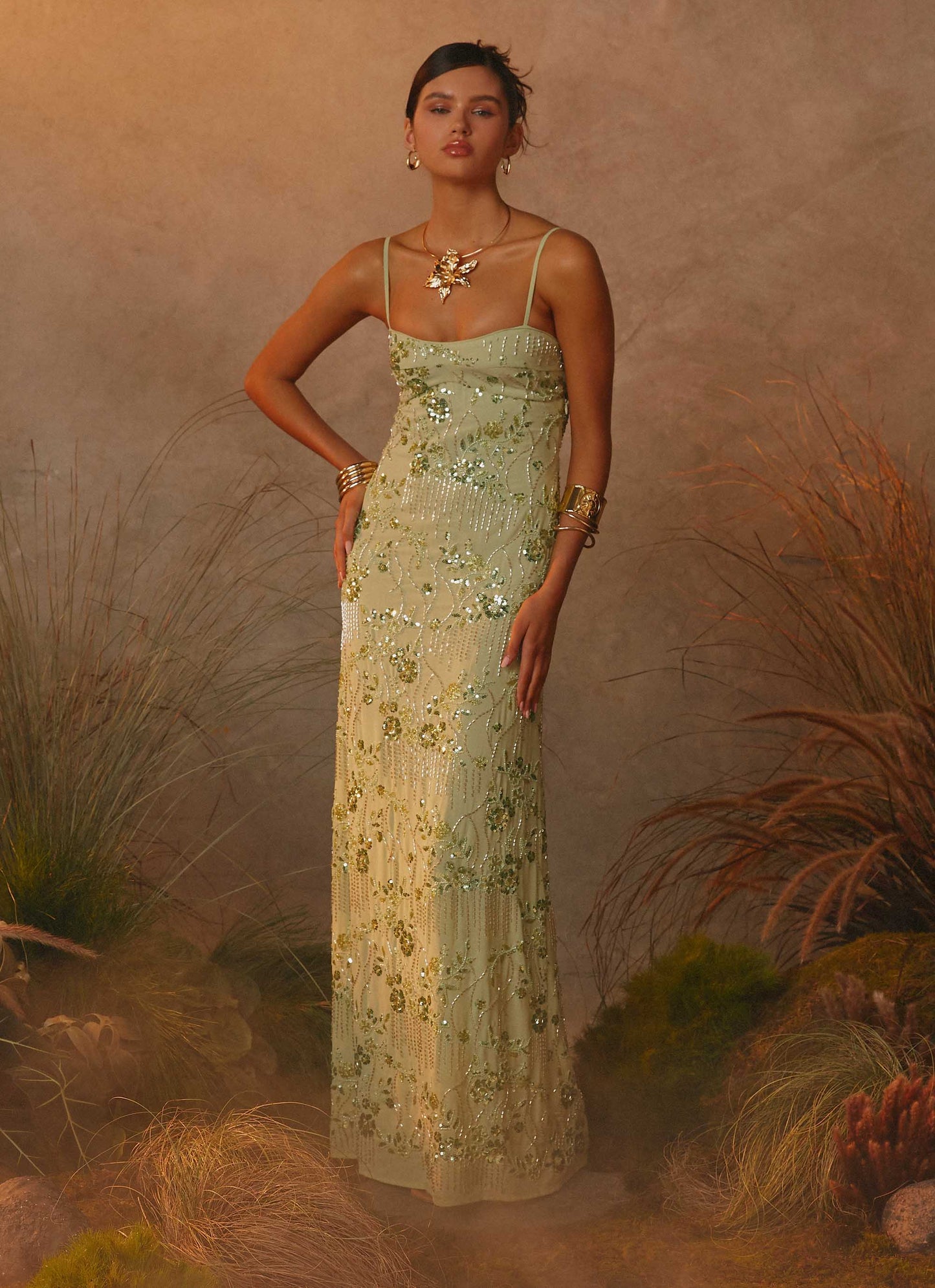 Celandine Beaded Maxi Dress - Lime