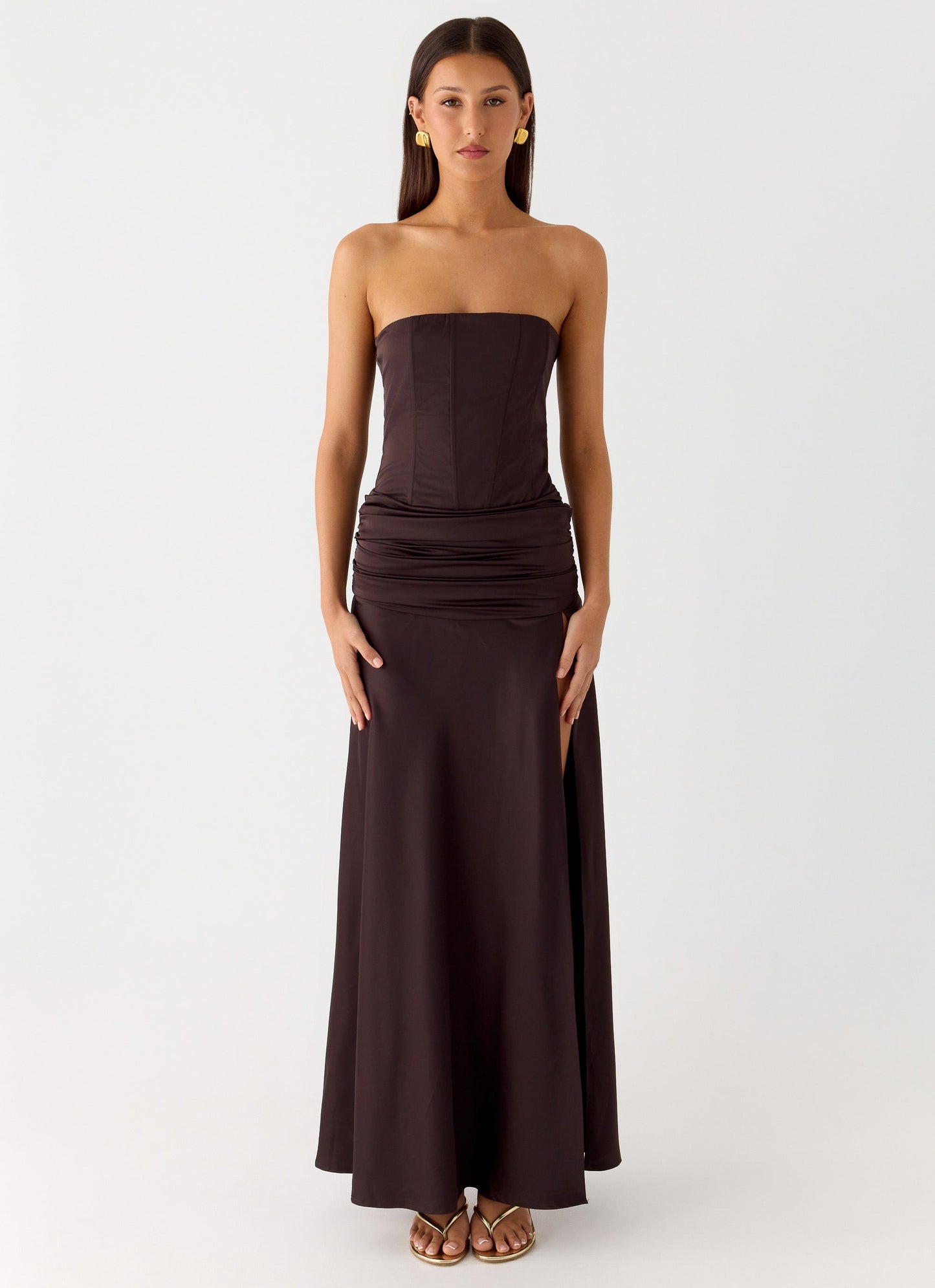 Darana Corset Satin Maxi Dress - Chocolate