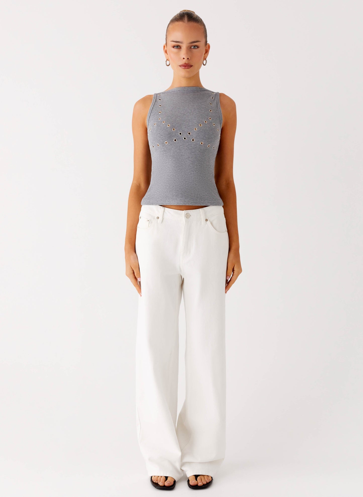 Drop Top Ribbed Eyelet Tank Top - Marle Grey