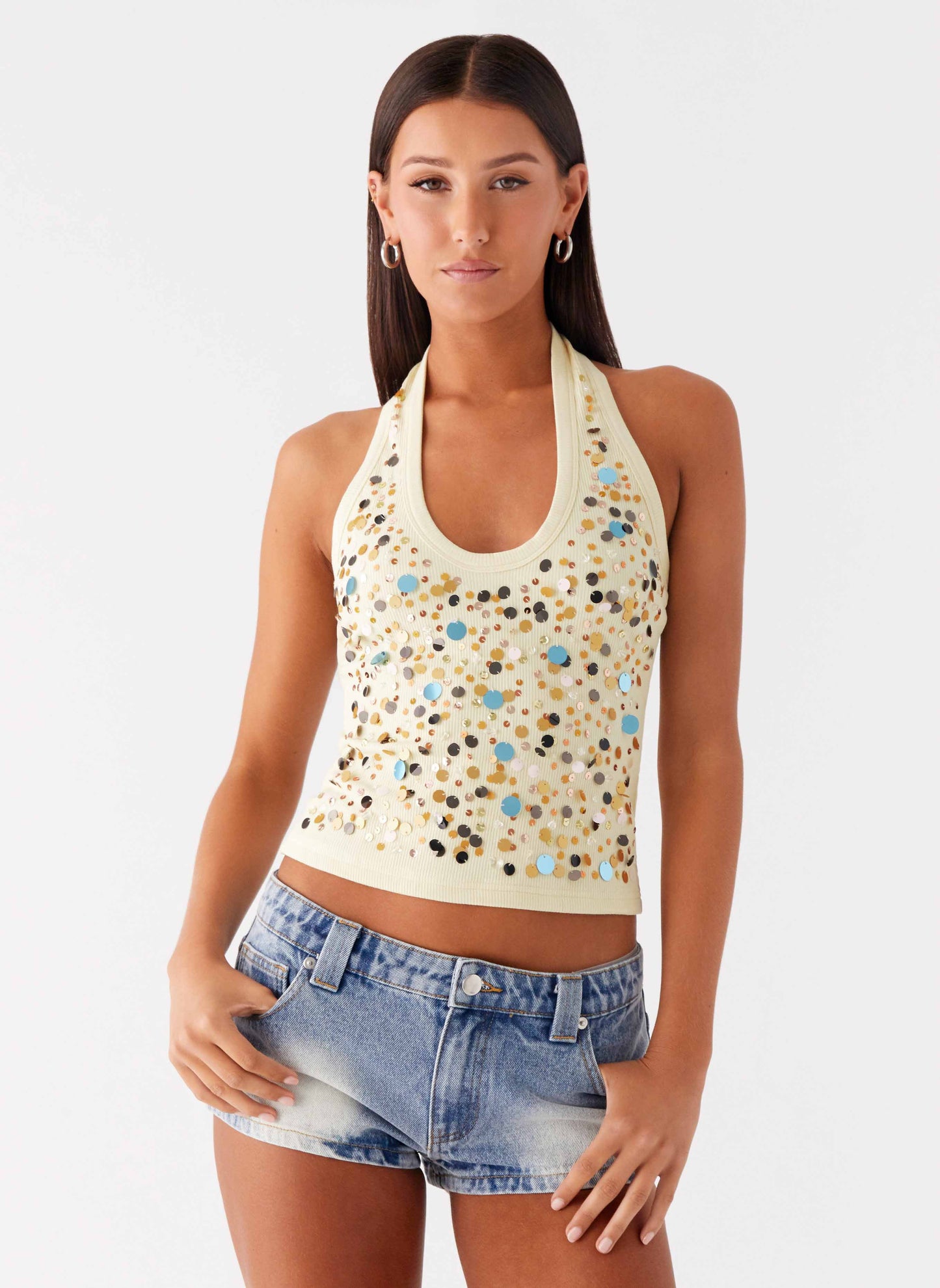 Eye Contact Sequin Halter Top - Yellow