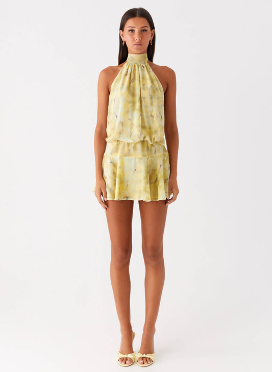 First Date Halter Mini Dress - Yellow Tie Dye