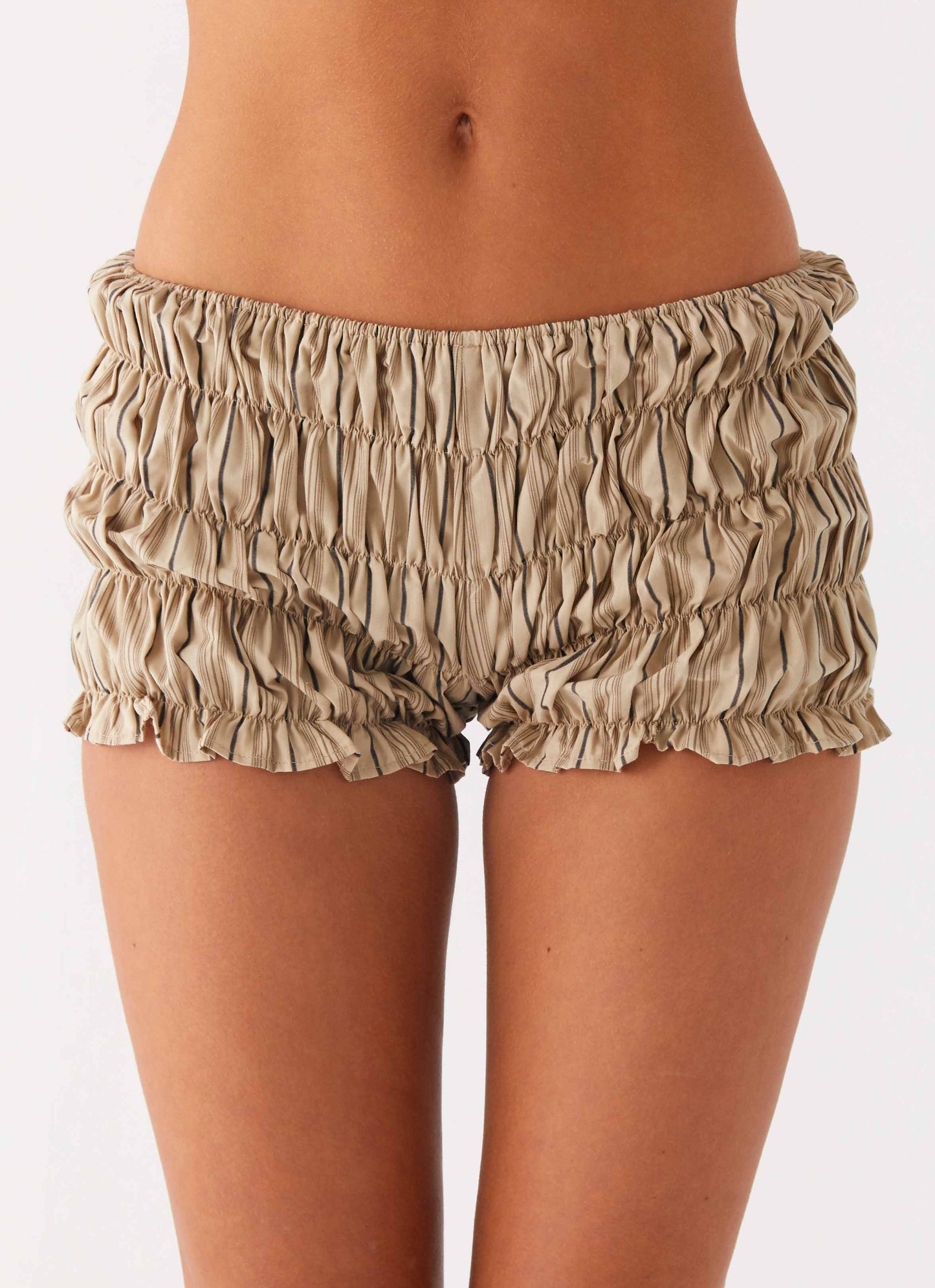 Girls Like Us Ruched Mini Shorts - Oatmeal Stripe