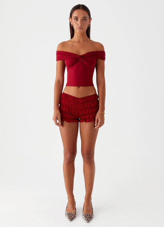 Girls Like Us Ruched Mini Shorts - Maroon
