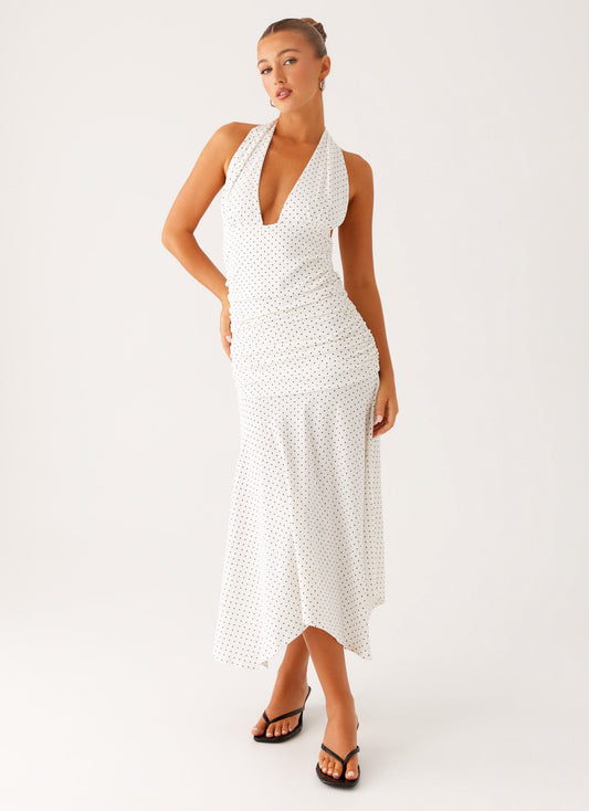 Grettana Halter Neck Midi Dress - White Polka Dot