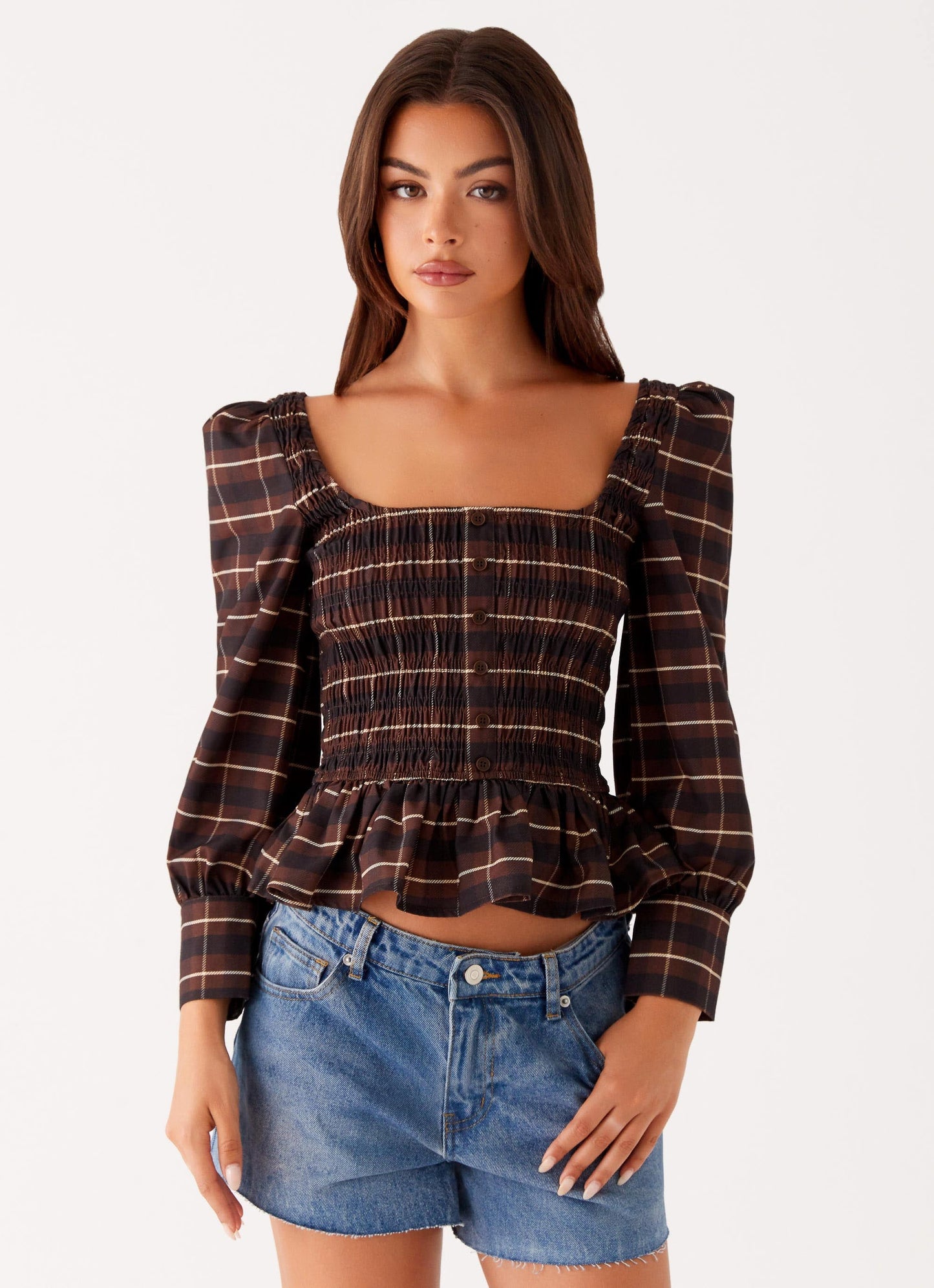 Joyce Long Sleeve Cotton Shirred Top - Chocolate Check
