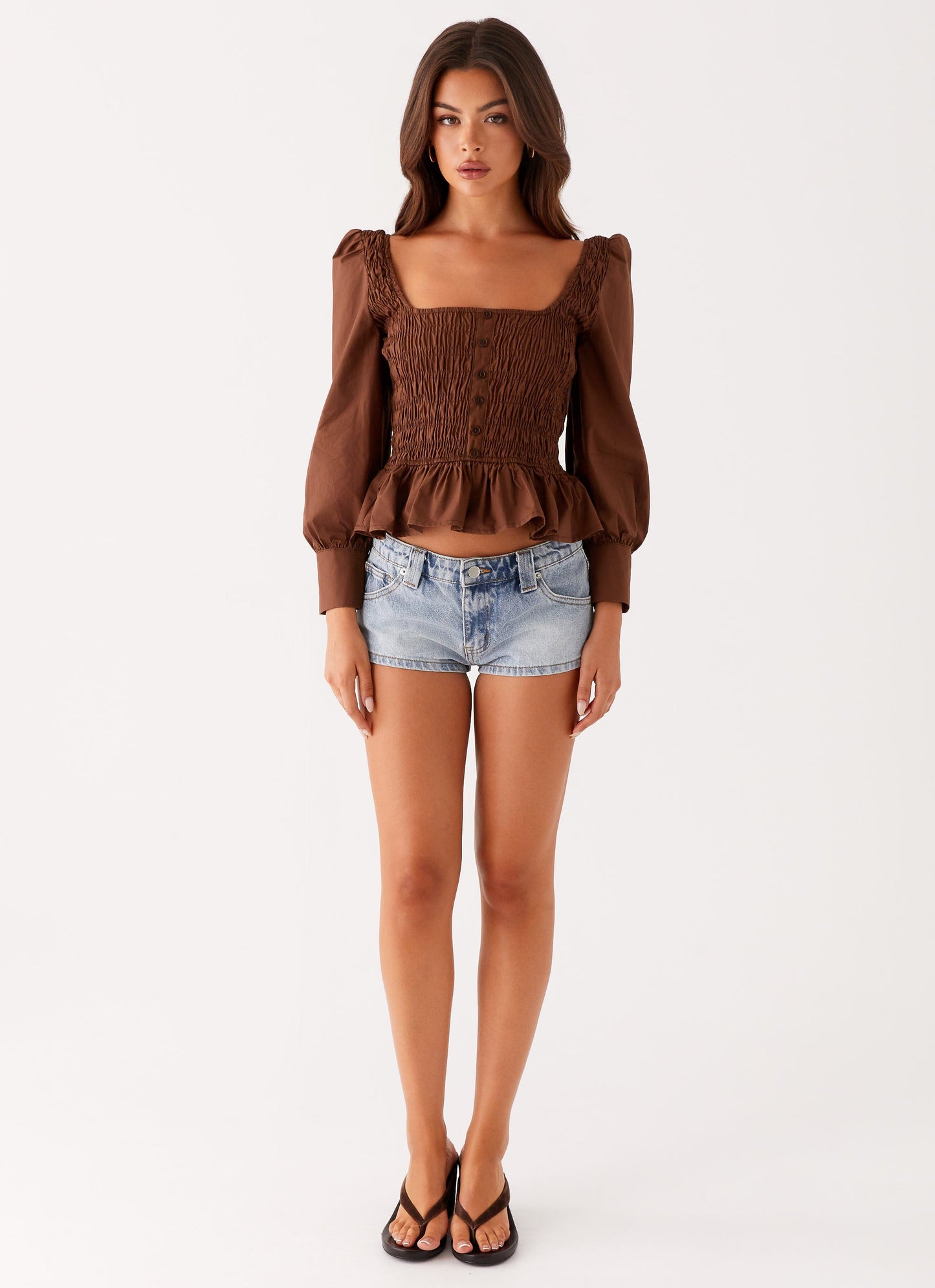 Joyce Long Sleeve Cotton Shirred Top - Chocolate