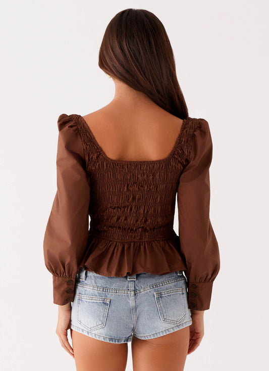 Joyce Long Sleeve Cotton Shirred Top - Chocolate