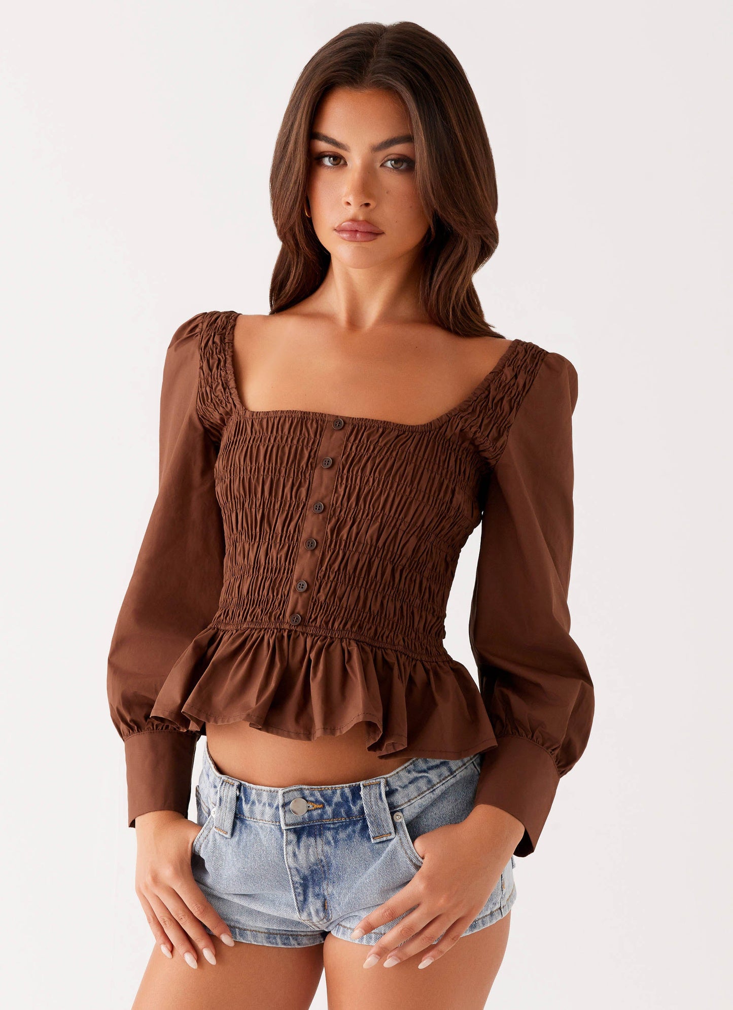 Joyce Long Sleeve Cotton Shirred Top - Chocolate