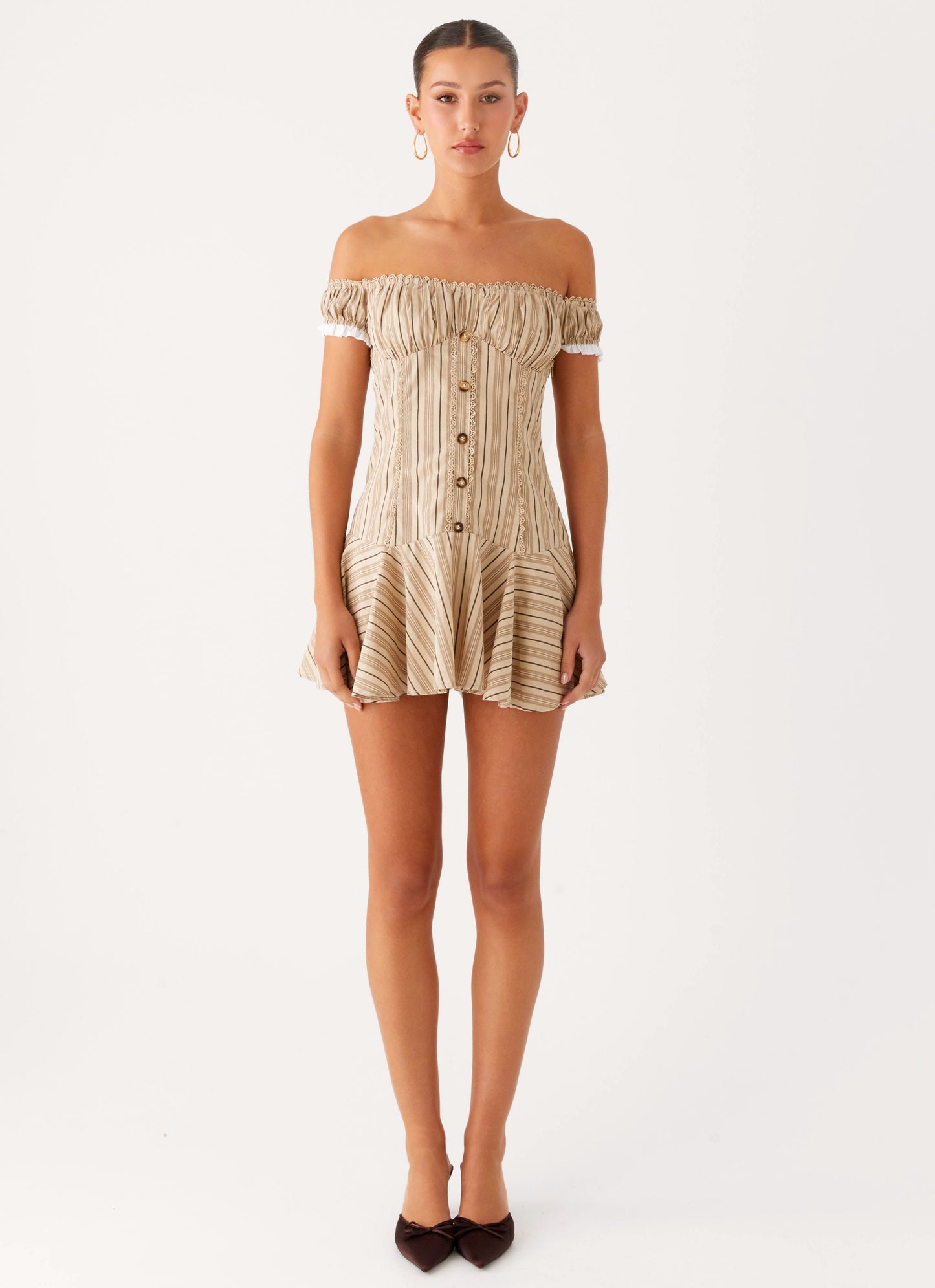 Jumana Off Shoulder Mini Dress - Off White Stripe