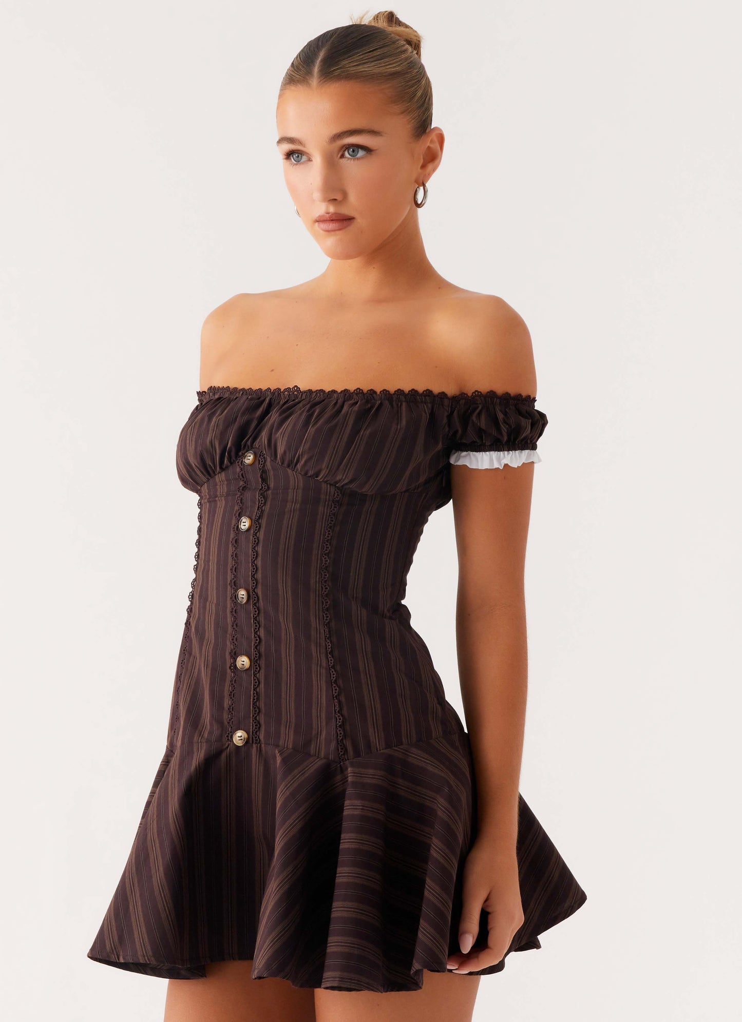 Jumana Off Shoulder Mini Dress - Toffee Stripe