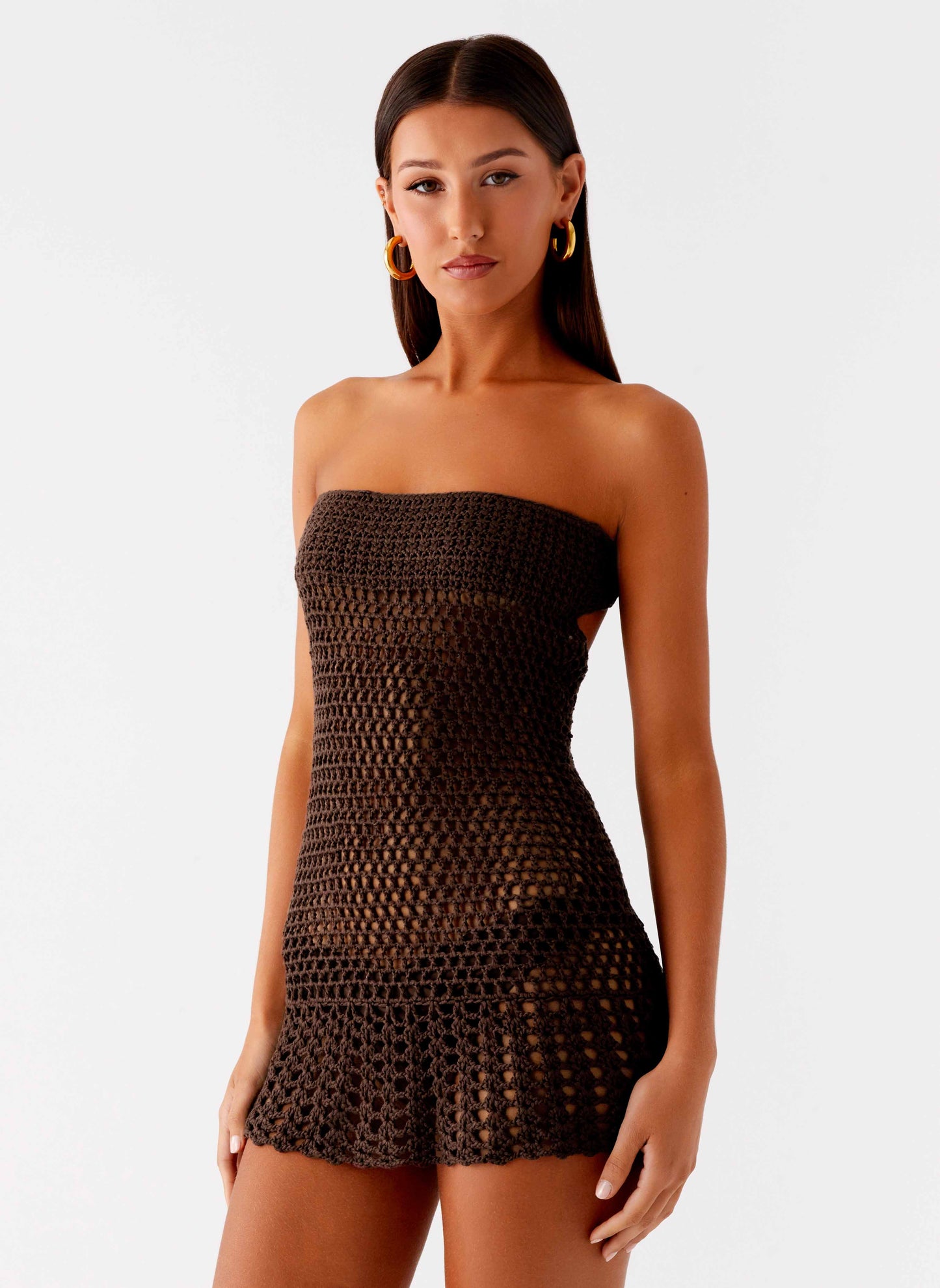 Kaiane Strapless Crochet Mini Dress - Chocolate