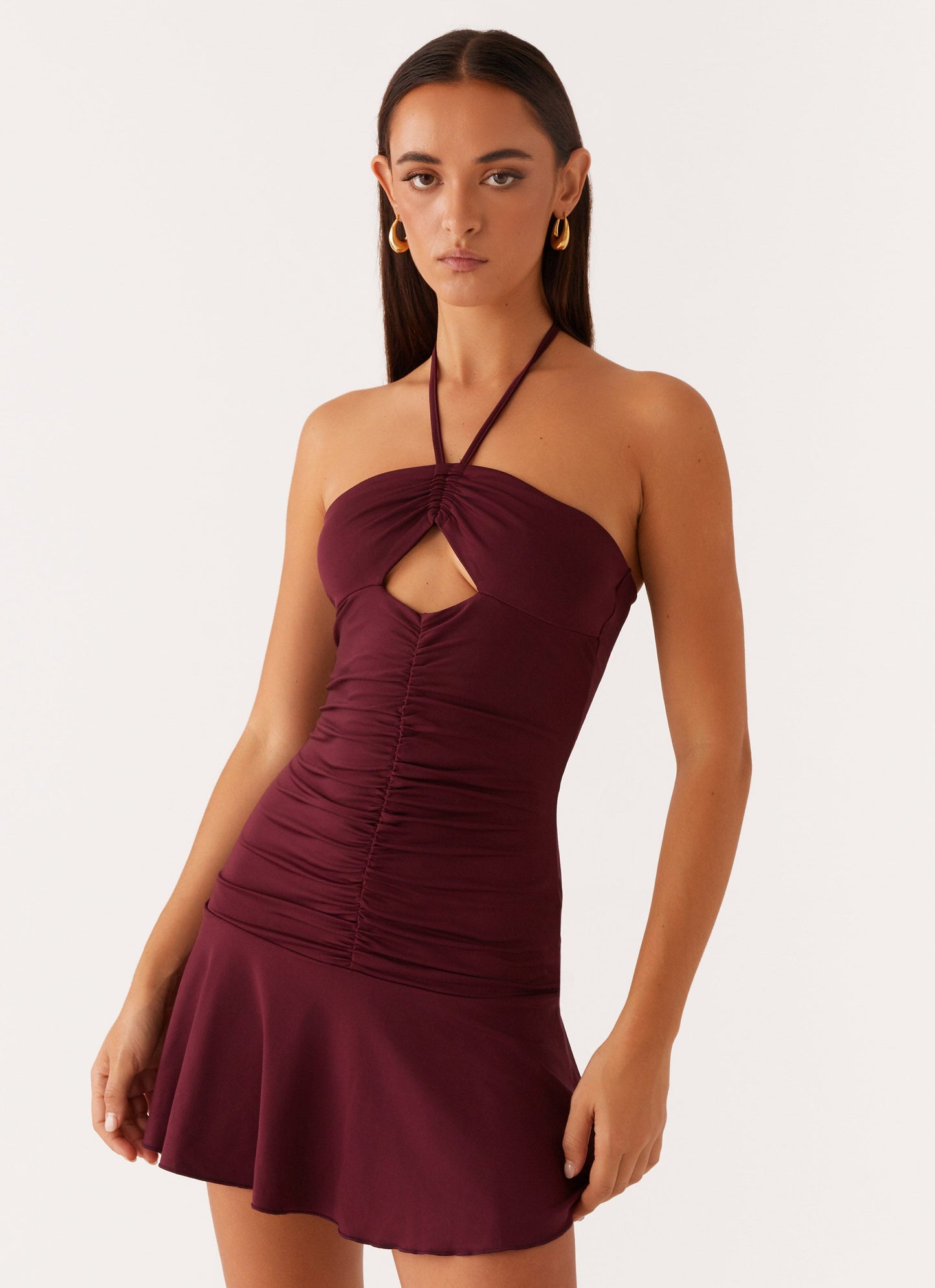 Katrina Halterneck Mini Dress - Deep Maroon