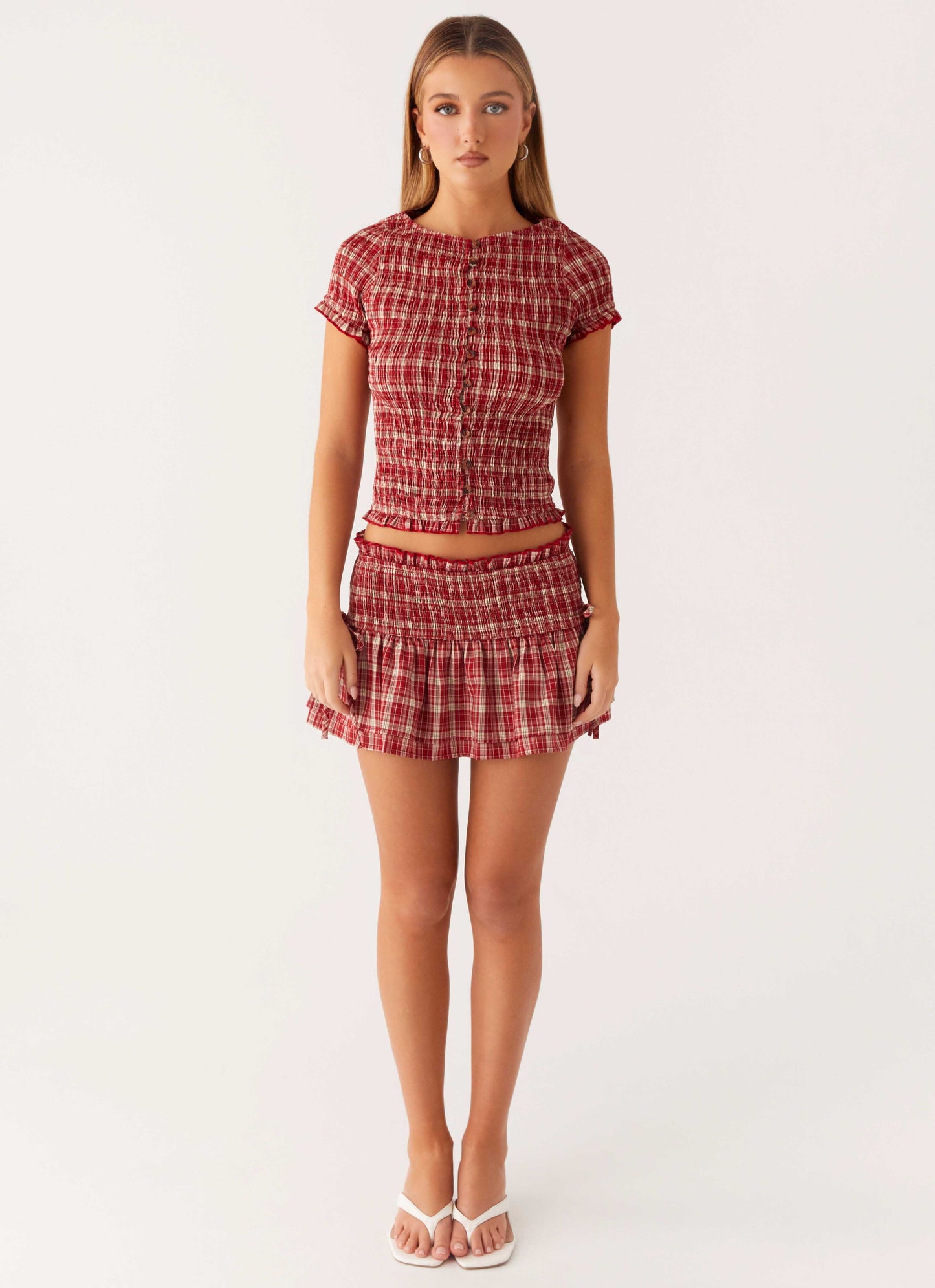 Lenore Button Top - Ruby Check