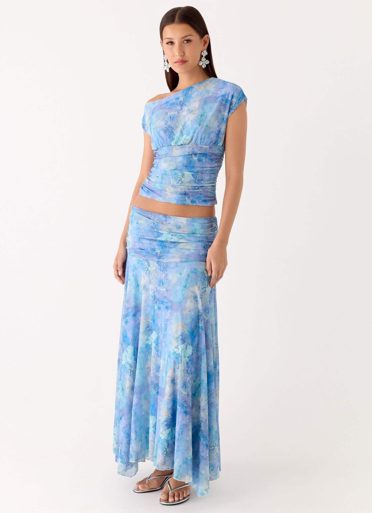 Liana Ruched Maxi Skirt - Aqua Paisley