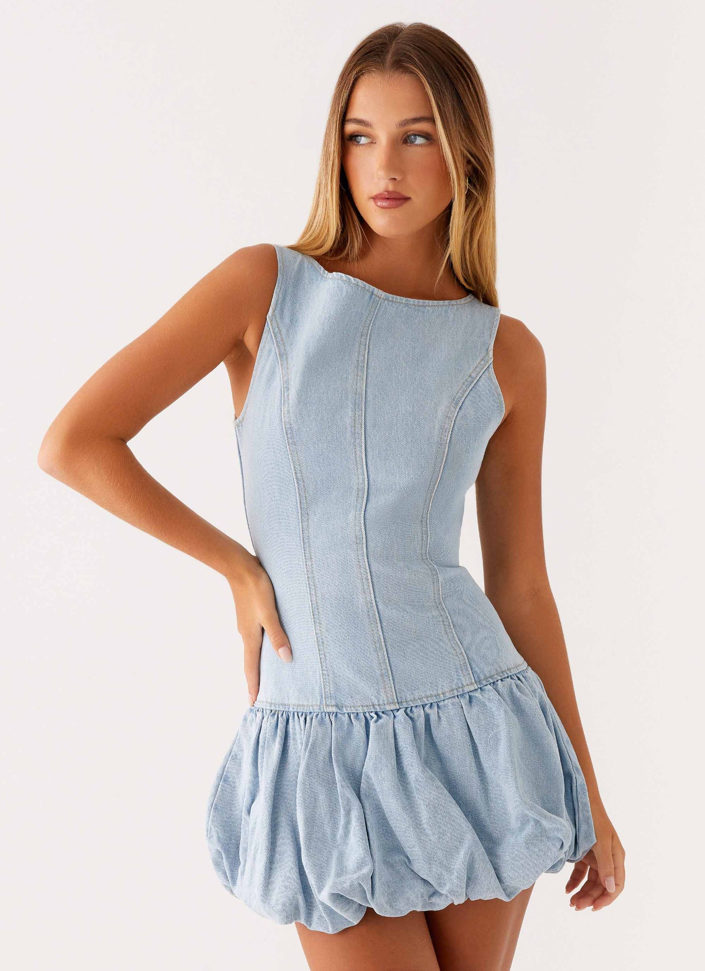 Meg Bubble Denim Mini Dress - Blue