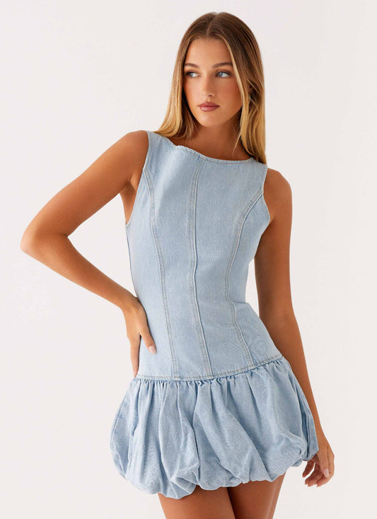 Meg Bubble Denim Mini Dress - Blue