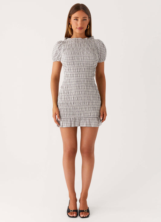 Millicent Ruched Mini Dress - Grey Check