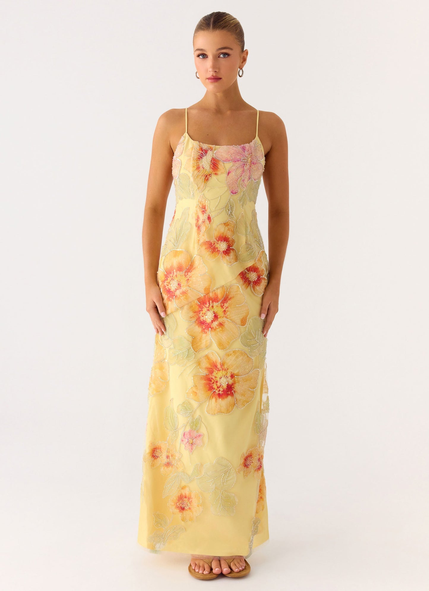 Morning Light Beaded Maxi Dress - Yellow Floral Beaded