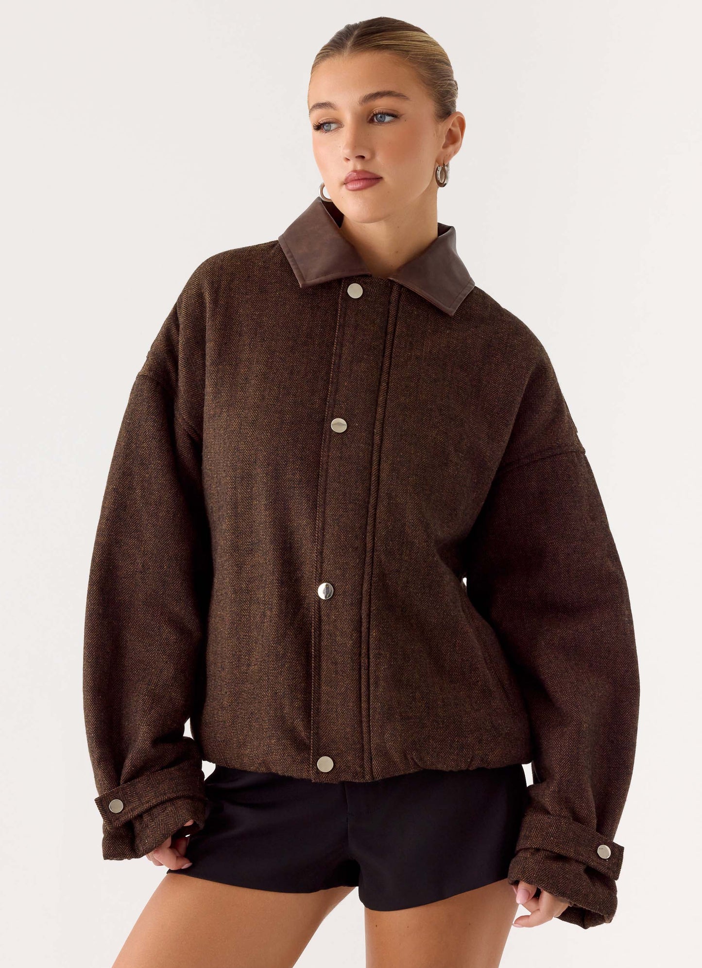 Myles Herringbone Bomber Jacket - Chocolate Herringbone